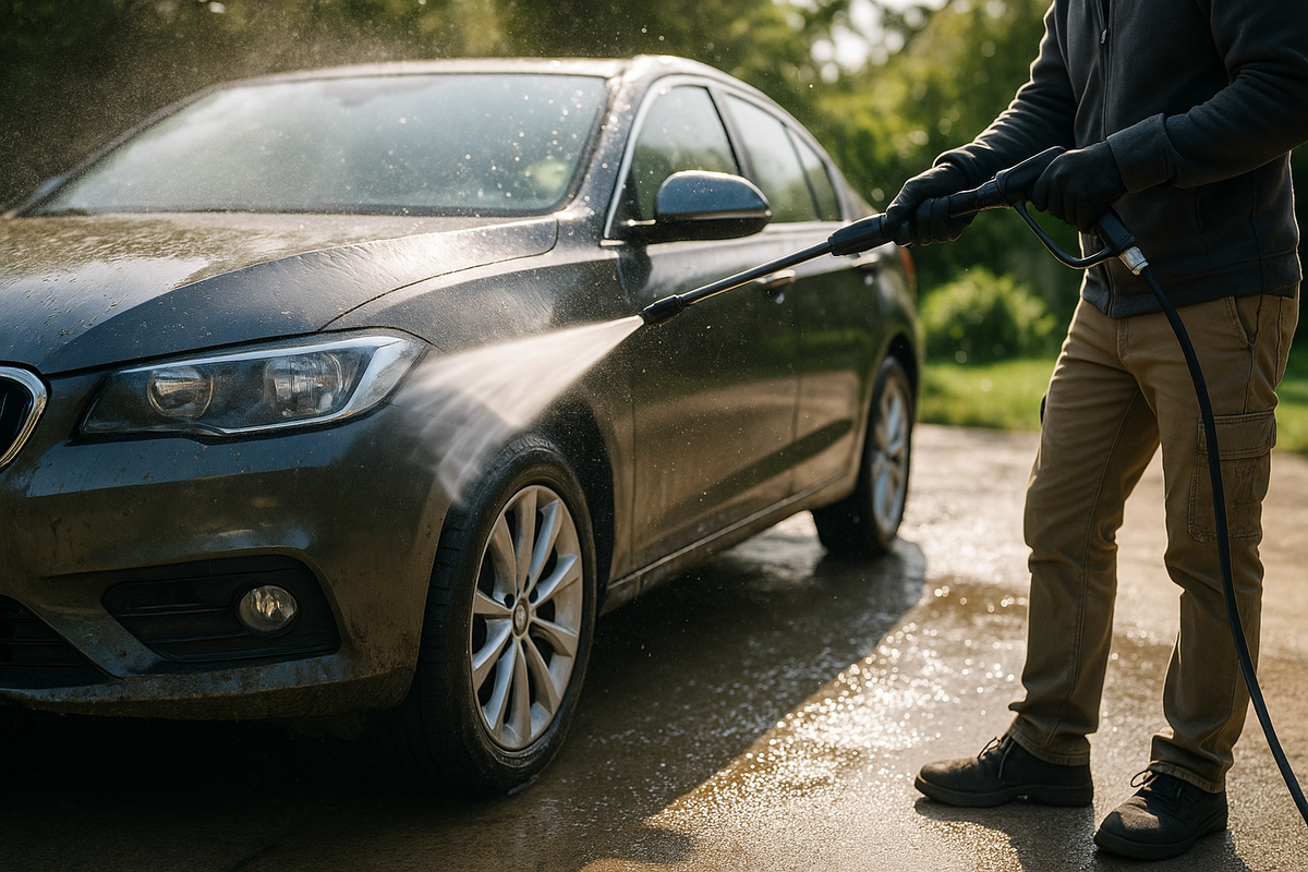 A realistic outdoor scene showing a dirty car being washed with a high-pressure washer. The water jet is blasting away mud and dirt from the car’s surface, revealing the shiny paint underneath. Sunlight reflects off the water spray, with droplets flying through the air. The person holding the washer is partially visible, wearing casual outdoor clothes and gloves. The background shows a driveway and some greenery, giving a clean, fresh, and satisfying look.