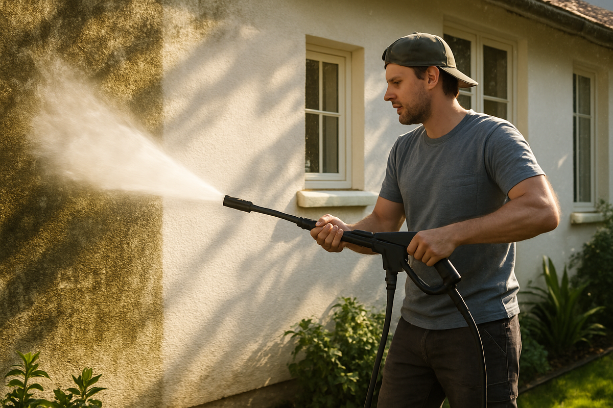 A realistic outdoor scene of a man using a high-pressure washer to clean the exterior wall of his house. The water jet powerfully blasts away dirt, mold, and grime, revealing a clean, bright wall beneath. Sunlight glistens through the water spray, with droplets in the air. The man is casually dressed in work clothes, focused on the cleaning task. The setting shows part of a home exterior with windows and some garden plants nearby, giving a fresh and satisfying feel.